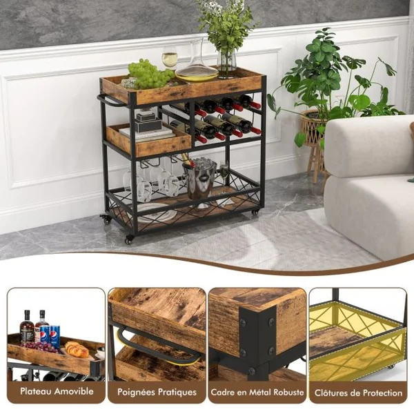 Desserte de Cuisine Industriel 80x40x83 CM Chariot de Service à Roulettes avec Plateau Supérieur Amovible et Casier à Vin