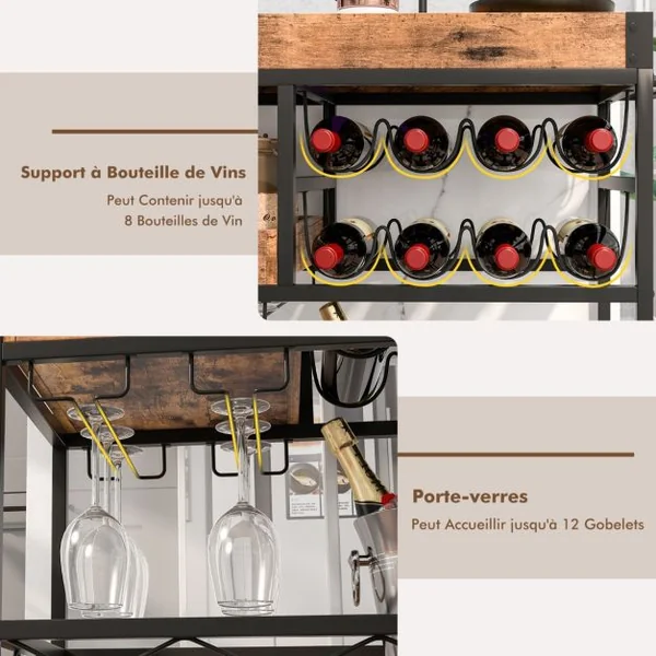 Desserte de Cuisine Industriel 80x40x83 CM Chariot de Service à Roulettes avec Plateau Supérieur Amovible et Casier à Vin