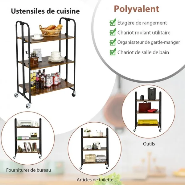 Desserte de Cuisine Pliant à 3 Niveaux 66 x 40 x 100 CM Chariots de Service avec 4 Roues Flexibles (2 Verrouillables)