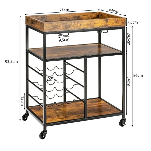 Desserte de Cuisine Style Industriel Chariot de Service Roulant à 3 Niveaux avec Porte-Verres et Porte-Bouteilles pour Bar Café