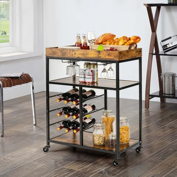 Desserte de Cuisine Style Industriel Chariot de Service Roulant à 3 Niveaux avec Porte-Verres et Porte-Bouteilles pour Bar Café