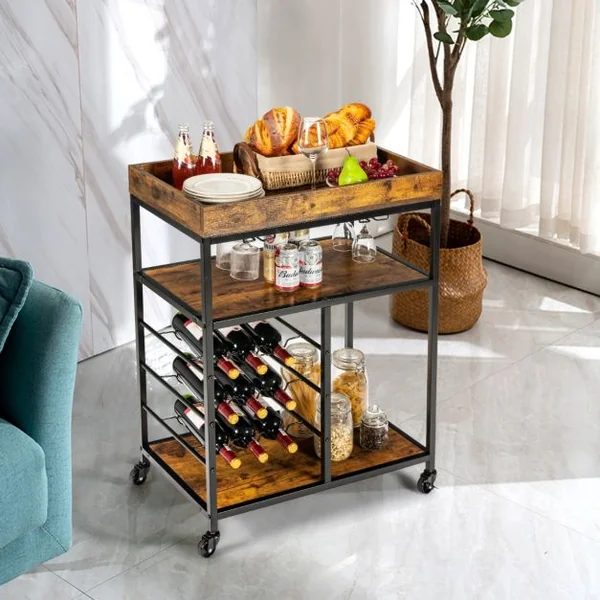 Desserte de Cuisine Style Industriel Chariot de Service Roulant à 3 Niveaux avec Porte-Verres et Porte-Bouteilles pour Bar Café