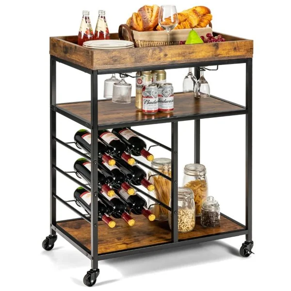 Desserte de Cuisine Style Industriel Chariot de Service Roulant à 3 Niveaux avec Porte-Verres et Porte-Bouteilles pour Bar Café