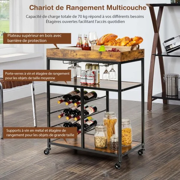 Desserte de Cuisine Style Industriel Chariot de Service Roulant à 3 Niveaux avec Porte-Verres et Porte-Bouteilles pour Bar Café