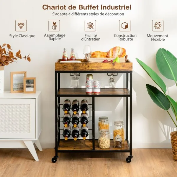 Desserte de Cuisine Style Industriel Chariot de Service Roulant à 3 Niveaux avec Porte-Verres et Porte-Bouteilles pour Bar Café