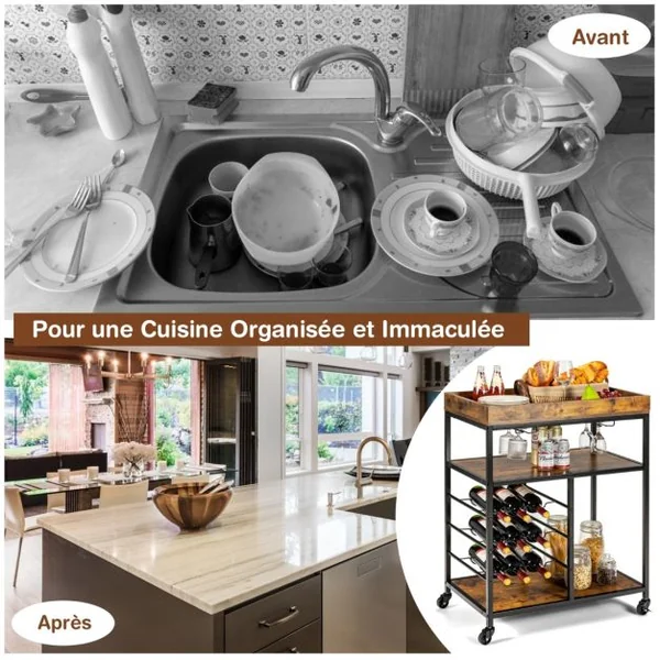 Desserte de Cuisine Style Industriel Chariot de Service Roulant à 3 Niveaux avec Porte-Verres et Porte-Bouteilles pour Bar Café