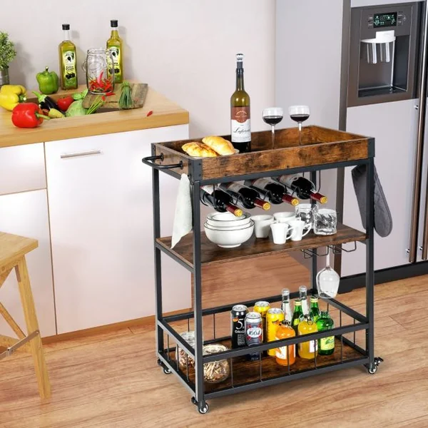 Desserte de Cuisine sur Roulettes - 67x40x89,5 CM - Chariot de Service - Plateau Amovible - Style Industriel - 4 Crochets