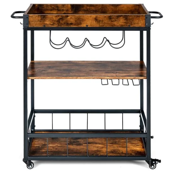 Desserte de Cuisine sur Roulettes - 67x40x89,5 CM - Chariot de Service - Plateau Amovible - Style Industriel - 4 Crochets