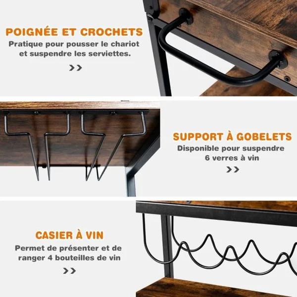 Desserte de Cuisine sur Roulettes - 67x40x89,5 CM - Chariot de Service - Plateau Amovible - Style Industriel - 4 Crochets