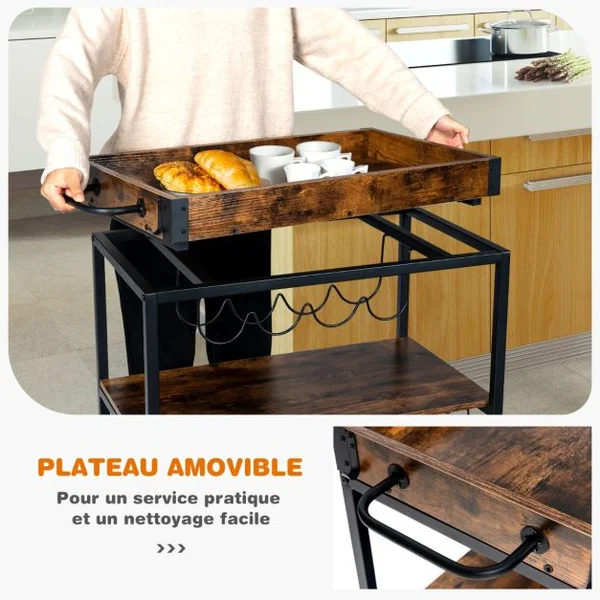 Desserte de Cuisine sur Roulettes - 67x40x89,5 CM - Chariot de Service - Plateau Amovible - Style Industriel - 4 Crochets