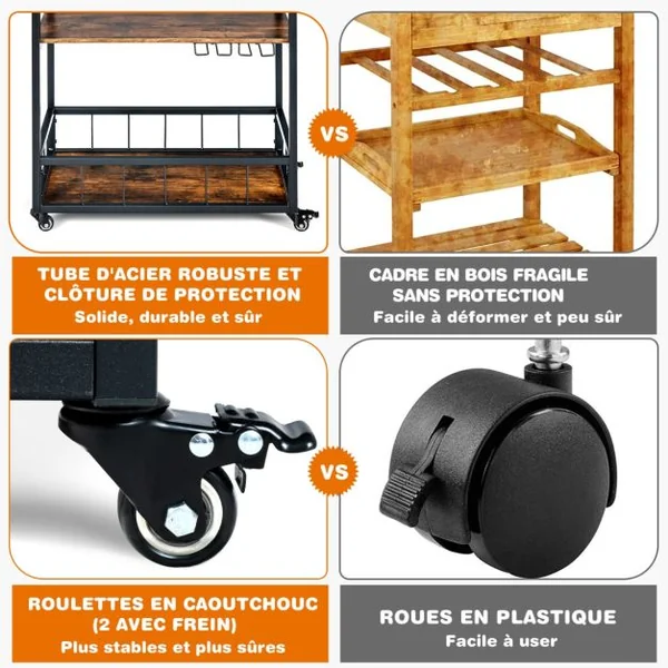 Desserte de Cuisine sur Roulettes - 67x40x89,5 CM - Chariot de Service - Plateau Amovible - Style Industriel - 4 Crochets