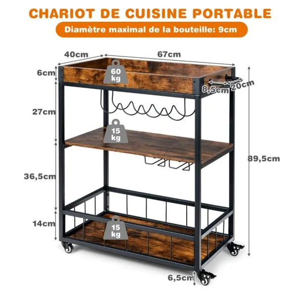 Desserte de Cuisine sur Roulettes - 67x40x89,5 CM - Chariot de Service - Plateau Amovible - Style Industriel - 4 Crochets
