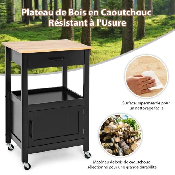 Desserte de Cuisine sur Roulettes avec Placard à Porte et Tiroir 56 x 46 x 89 CM îlot Chariot de Cuisine avec 3 Crochets Noir