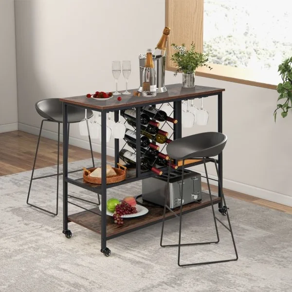 Desserte de Cuisine à 3 Niveaux 100 x 40 x 87 cm Chariot de Service Industriel avec Porte-bouteilles et Porte-verres à Vin Café