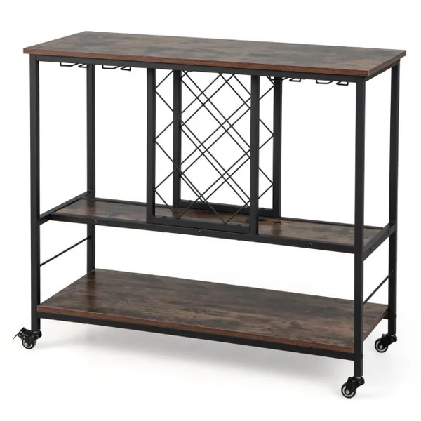 Desserte de Cuisine à 3 Niveaux 100 x 40 x 87 cm Chariot de Service Industriel avec Porte-bouteilles et Porte-verres à Vin Café