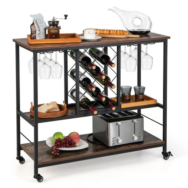 Desserte de Cuisine à 3 Niveaux 100 x 40 x 87 cm Chariot de Service Industriel avec Porte-bouteilles et Porte-verres à Vin Café