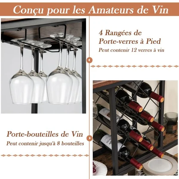 Desserte de Cuisine à 3 Niveaux 100 x 40 x 87 cm Chariot de Service Industriel avec Porte-bouteilles et Porte-verres à Vin Café