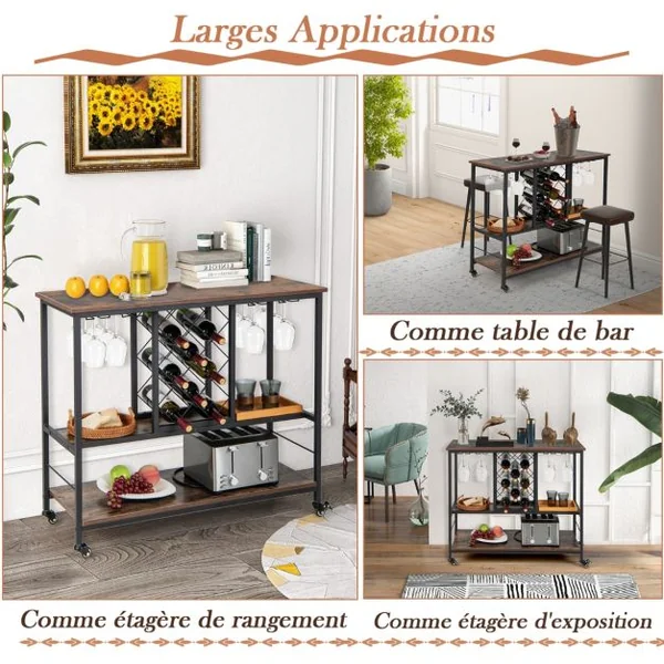 Desserte de Cuisine à 3 Niveaux 100 x 40 x 87 cm Chariot de Service Industriel avec Porte-bouteilles et Porte-verres à Vin Café