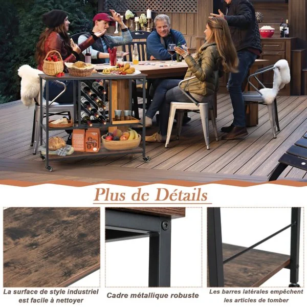 Desserte de Cuisine à 3 Niveaux 100 x 40 x 87 cm Chariot de Service Industriel avec Porte-bouteilles et Porte-verres à Vin Café