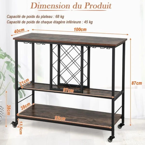 Desserte de Cuisine à 3 Niveaux 100 x 40 x 87 cm Chariot de Service Industriel avec Porte-bouteilles et Porte-verres à Vin Café
