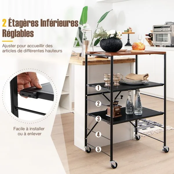 Desserte de Cuisine à 3 Niveaux 60 x 40 x 89 CM Chariot de Service avec Étagères Réglables et Structure en Métal Pliable