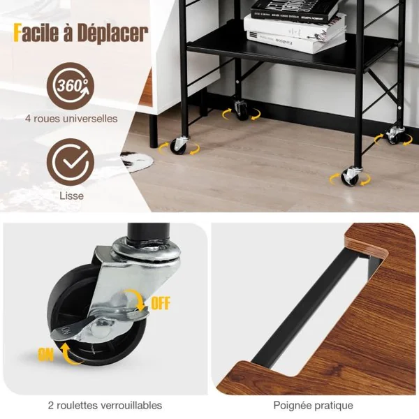 Desserte de Cuisine à 3 Niveaux 60 x 40 x 89 CM Chariot de Service avec Étagères Réglables et Structure en Métal Pliable
