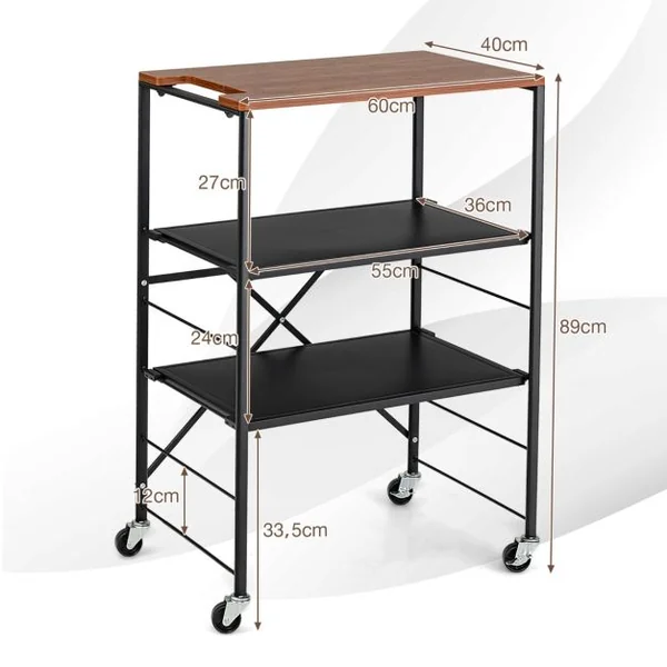 Desserte de Cuisine à 3 Niveaux 60 x 40 x 89 CM Chariot de Service avec Étagères Réglables et Structure en Métal Pliable