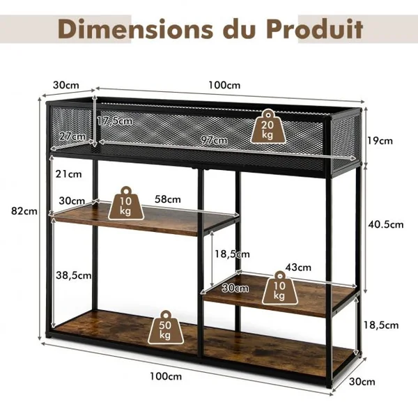 Desserte de Cuisine à 4 Niveaux 100x30x82 CM Étagère Four à Micro-Ondes avec Dispositif Anti-basculement Style Industriel
