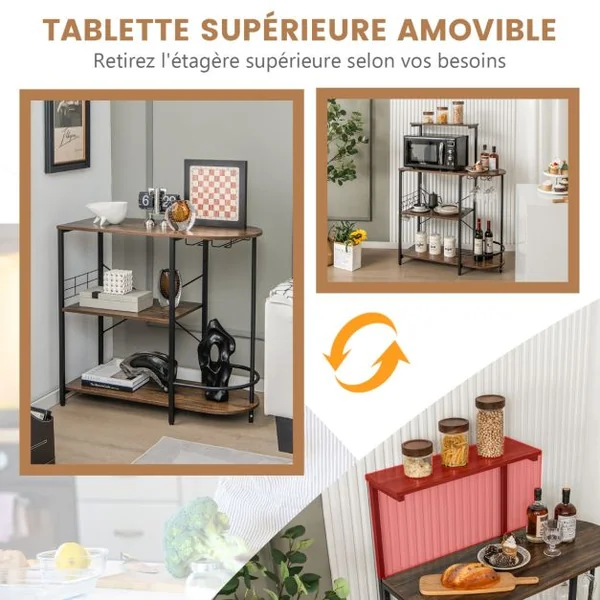 Desserte de Cuisine à 4 Niveaux Support pour Four à Micro-Ondes avec 6 crochets Étagère Supérieure Amovible et Porte-verres Marron