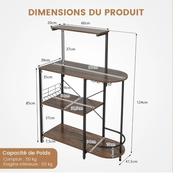 Desserte de Cuisine à 4 Niveaux Support pour Four à Micro-Ondes avec 6 crochets Étagère Supérieure Amovible et Porte-verres Marron