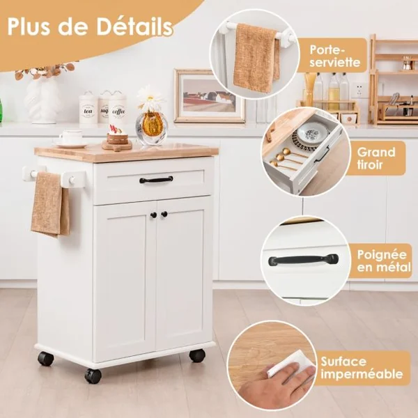 Desserte de Cuisine à Roulettes 2 Portes Tiroir Chariot îlot de Cuisine Étagère Réglable Porte-serviettes Blanc Naturel