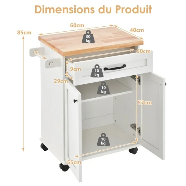 Desserte de Cuisine à Roulettes 2 Portes Tiroir Chariot îlot de Cuisine Étagère Réglable Porte-serviettes Blanc Naturel