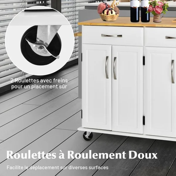 Desserte de Cuisine à Roulettes 2 Tiroirs 2 Armoires à Double Porte Étagères réglables îlot Chariot de Cuisine Blanc/Noir