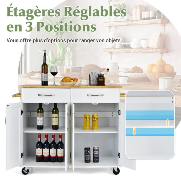 Desserte de Cuisine à Roulettes 2 Tiroirs 2 Armoires à Double Porte Étagères réglables îlot Chariot de Cuisine Blanc/Noir