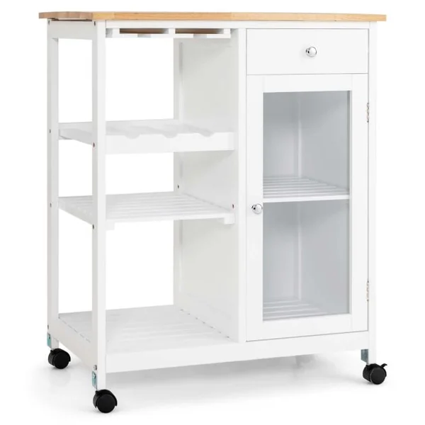 Desserte de Cuisine à Roulettes 3 Étagères 1 Tiroir Porte Chariot de Rangemant Porte-Verres pour Cuisine Salon Blanc