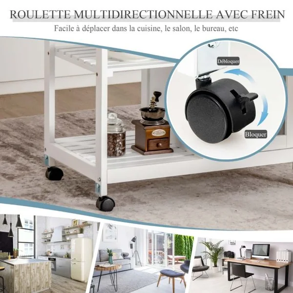 Desserte de Cuisine à Roulettes 3 Étagères 1 Tiroir Porte Chariot de Rangemant Porte-Verres pour Cuisine Salon Blanc