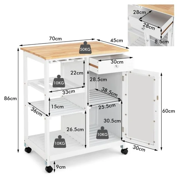 Desserte de Cuisine à Roulettes 3 Étagères 1 Tiroir Porte Chariot de Rangemant Porte-Verres pour Cuisine Salon Blanc