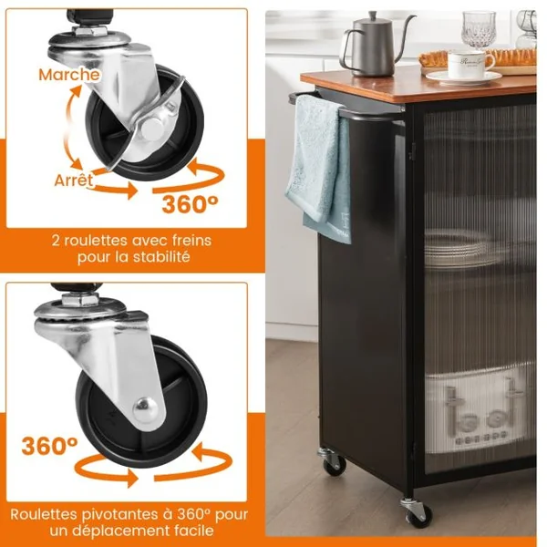 Desserte de Cuisine à Roulettes avec Porte Transparente Chariot de Service avec Porte-serviettes et Étagères à 2 niveaux