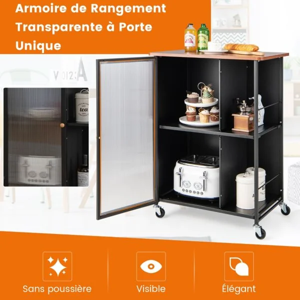 Desserte de Cuisine à Roulettes avec Porte Transparente Chariot de Service avec Porte-serviettes et Étagères à 2 niveaux