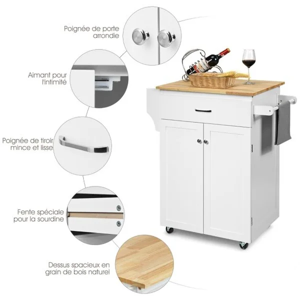 Desserte de Cuisine à Roulettes avec Tiroir et 2 Portes îlot Chariot de Cuisine avec Porte-épices et Porte-serviettes Blanc