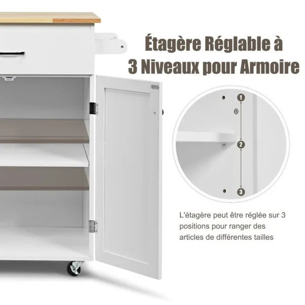 Desserte de Cuisine à Roulettes avec Tiroir et 2 Portes îlot Chariot de Cuisine avec Porte-épices et Porte-serviettes Blanc