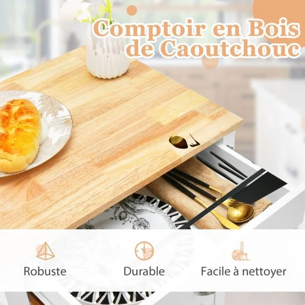 Desserte de Cuisine à Roulettes avec Tiroir et Placard 56x45x91cm Chariot d’îlot de Cuisine avec 3 Crochets Latéraux Blanc