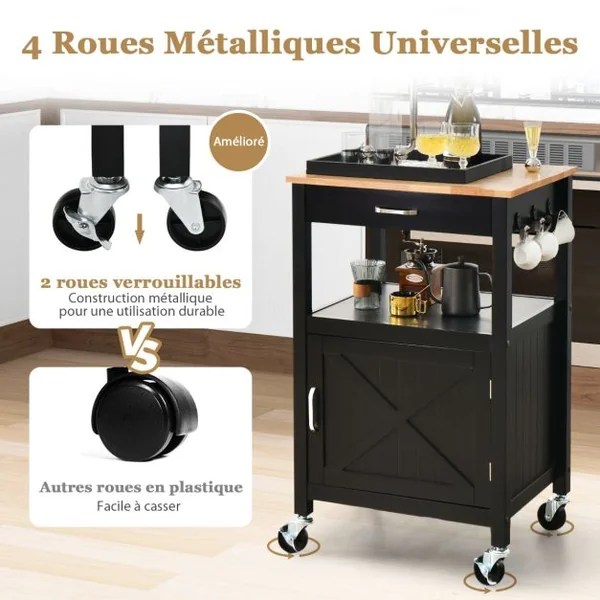 Desserte de Cuisine à Roulettes avec Tiroir et Placard 56x45x91cm Chariot d’îlot de Cuisine avec 3 Crochets Latéraux Noir