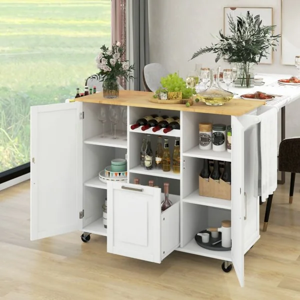 Desserte de Cuisine à Roulettes Plans de Travail Rabattable en Bois Tiroir profond Casier à vin îlot de Cuisine Blanc/Noir