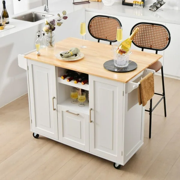 Desserte de Cuisine à Roulettes Plans de Travail Rabattable en Bois Tiroir profond Casier à vin îlot de Cuisine Blanc/Noir