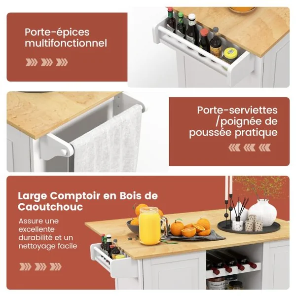 Desserte de Cuisine à Roulettes Plans de Travail Rabattable en Bois Tiroir profond Casier à vin îlot de Cuisine Blanc/Noir
