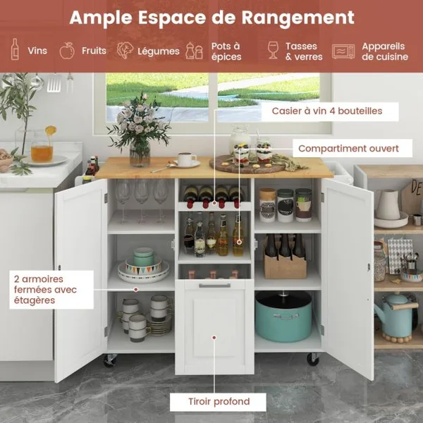 Desserte de Cuisine à Roulettes Plans de Travail Rabattable en Bois Tiroir profond Casier à vin îlot de Cuisine Blanc/Noir