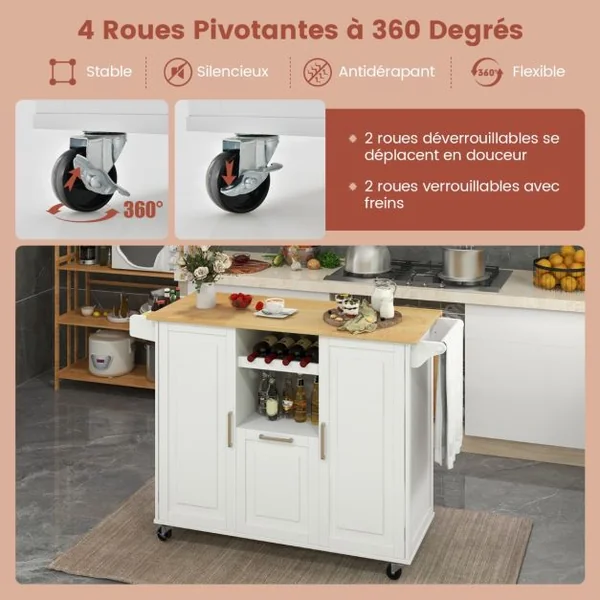 Desserte de Cuisine à Roulettes Plans de Travail Rabattable en Bois Tiroir profond Casier à vin îlot de Cuisine Blanc/Noir