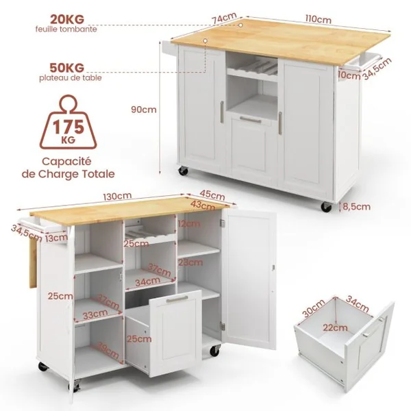Desserte de Cuisine à Roulettes Plans de Travail Rabattable en Bois Tiroir profond Casier à vin îlot de Cuisine Blanc/Noir