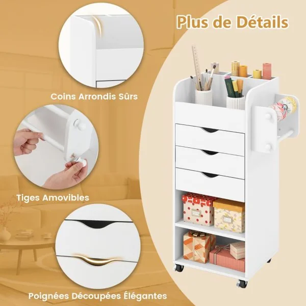 Desserte de Cuisine à Roulettes Verrouillables avec 3 Tiroirs 2 Barres pour Serviettes Papier Blanc 48,5 x 34,5 x 86,5 CM